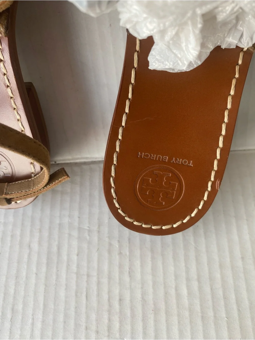 Tory Burch Tan Suede T‑Strap Open‑Toe Slingback Sandals with Gold Logo Accent